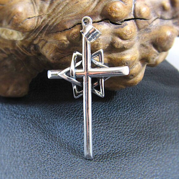Solid 925 Sterling Silver Interwoven Star of David on Christian Cross Pendant - Picture 3 of 11